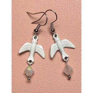VTG White Enamel Swallow Bird Dangle Earrings Frosted Crystal Bead Cottagecore
